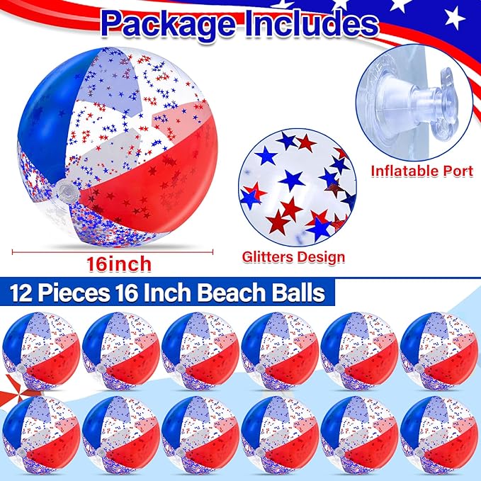 TURNMEON 12 Pack Inflatable Patriotic Beach Ball Bulk 16" Pool Toys Balls with White Red and Blue Stars Glitters Clear Beach Balls Summer Swimming Pool Game Water Beach Toy 4th of July Party