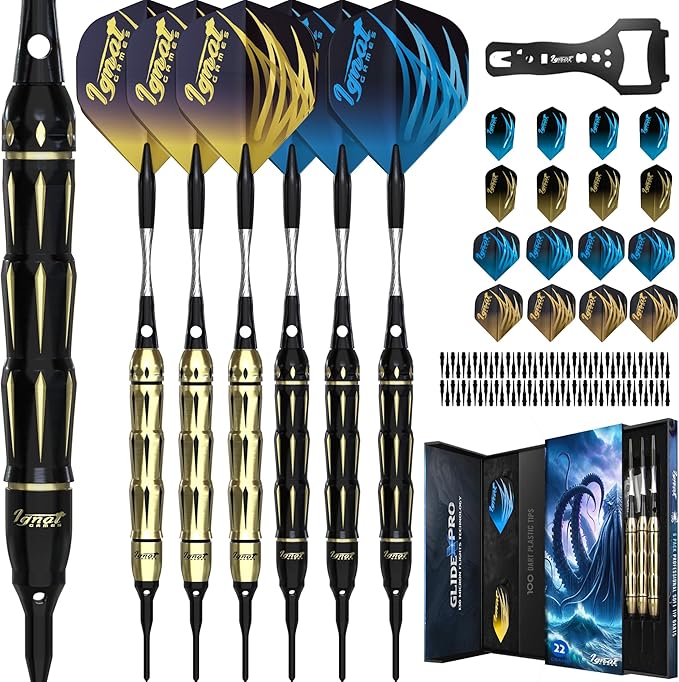 IgnatGames Darts Plastic Tip Sets - 6/12 Pack Soft Tip Darts for Electronic Dartboard with Brass Barels and Aluminum Shafts - 100 Extra Tips and 16 Flights, Wrench & Innovative Case