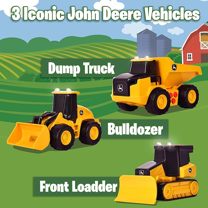 John Deere Realistic Farm Vehicles 3 Pack, 5" Toy Construction Vehicles with Lights, Sounds and Friction Rev Motor, Party Favor and Gift for Kids 3+