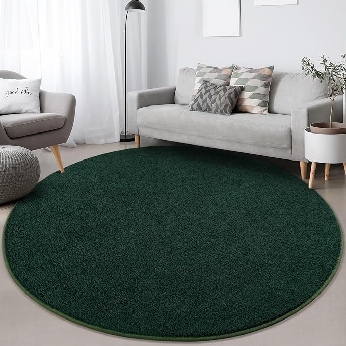 FlyDOIT Round Area Rugs for Bedroom Living Room, 5x5 Dark Green Super Soft Comfy Thickened Memory-Foam Indoor Circle Carpet, Modern Aesthetic Minimalist Carpet for Boys Girls Adults Nursery Home Décor