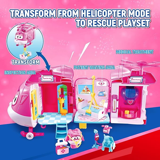 Super Wings Dizzy Rescue Helicopter Hospital Playsets，Airplane Pet Care Play Sets Doctor Kit for Kids 3-5, 20+ Accessories Pretend Dr Kit for Toddlers, Gifts for Girls Boys 3-7 Years Old