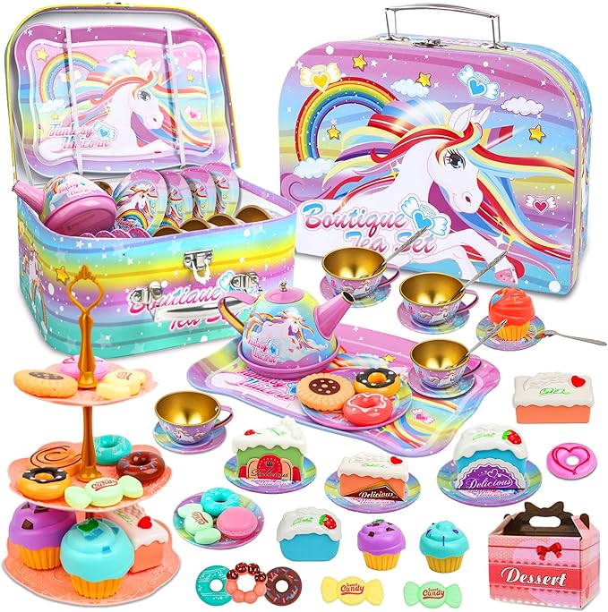 SMILESSKIDDO 46pcs Tea Party Set for Little Girls - Princess Tea Party Set,Kids Kitchen Pretend Play Toys - Toddler Tea Party Sets for Girls 3-5, Girls Tea Party Set Gift for 3 4 5 6 Girl(Unicron)