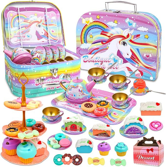 SMILESSKIDDO 46pcs Tea Party Set for Little Girls - Princess Tea Party Set,Kids Kitchen Pretend Play Toys - Toddler Tea Party Sets for Girls 3-5, Girls Tea Party Set Gift for 3 4 5 6 Girl(Unicron)