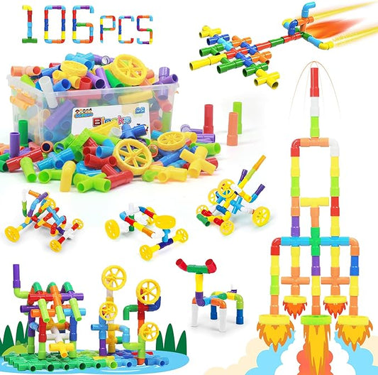 STEM Building Toy for Toddlers 106Pieces Tube Pipe Toy,Educational Preschool Game for 3+ Years,Learning Building Blocks Play with Storage Box Gift Kit,Montessori Toys for Boys & Girls