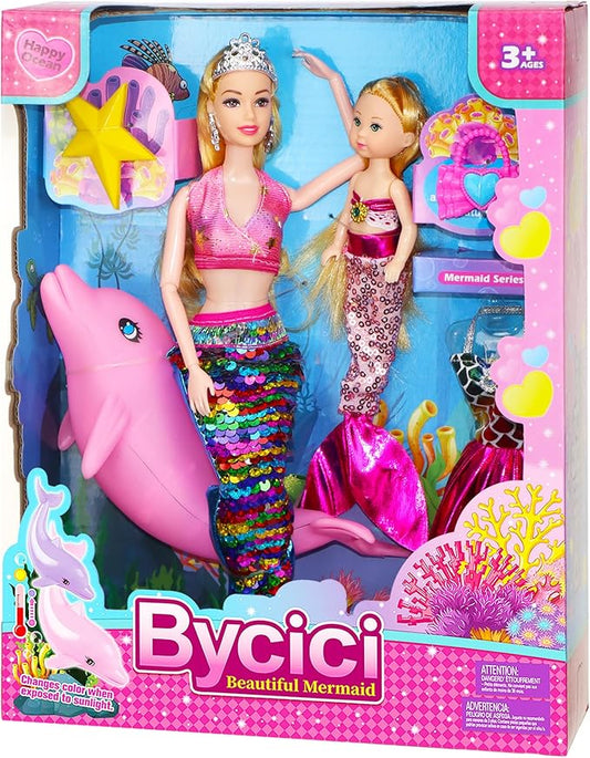 Magical Mermaid Dolls Set for Girls 4-7 - Princess Twin Dolls with Color-Changing Purple Dolphin, Summer Outfits & Sparkling Accessories (Crown, Flip Scales, Starfish Comb) Water Play Birthday Gift