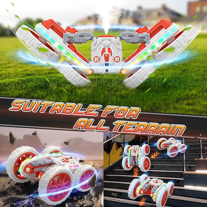 Remote Control Car,RC Cars with Sides Light and Headlights,360°Rotating 4WD Spray RC Stunt Car,2.4Ghz All Terrain Toy Car for Boys Age 4-7 Kids Toy for 8-12 Boys Girls Birthday Gift(Orange & White)