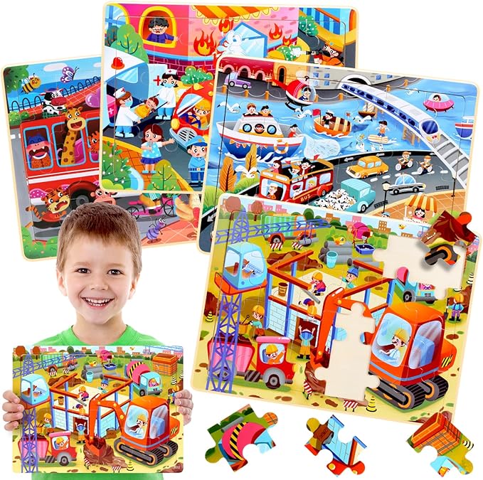 4SET Puzzles for Kids Ages 4-6 - 24 Pcs Wooden Realistic Montessori Toddler Puzzles Ages 3-5 - Construction Vehicles Learning Games for Boys and Girls 4-8 Year Olds