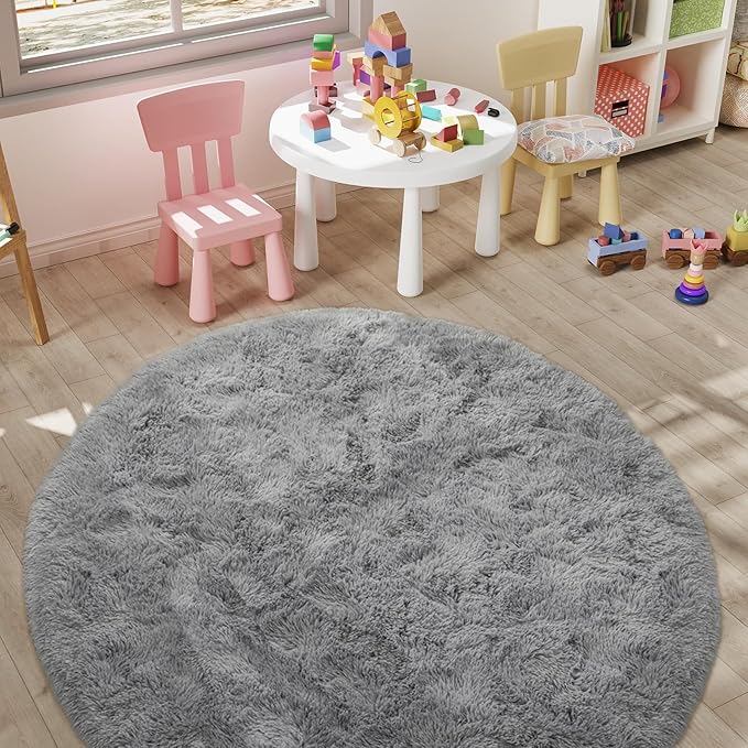 LOCHAS Luxury Round Fluffy Area Rugs for Bedroom Kids Girls Room Nursery, Super Soft Circle Rug, Cute Shaggy Carpet for Children Living Room, 5x5 Feet Red