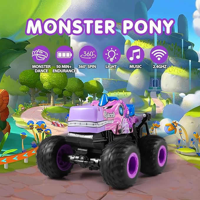 Remote Control Car, 2.4Ghz All Terrain Pony Monster Truck Toys, RC Truck with Music, 3 Lighting Effects, 360 Stunt Capable, All Included Ready to Run, Toy Gifts for Boys and Girls (Pink)