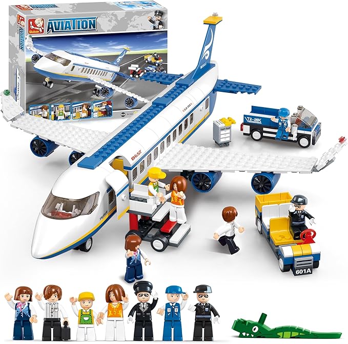 City Passenger Airplane Building Set, 4 in 1 STEM Toy with a Large Plane, Passenger Bus, Luggage Truck, Container Loader, and 7 Minifigures, Compatible with Lego Plane, Airport Gift for Boy 6+