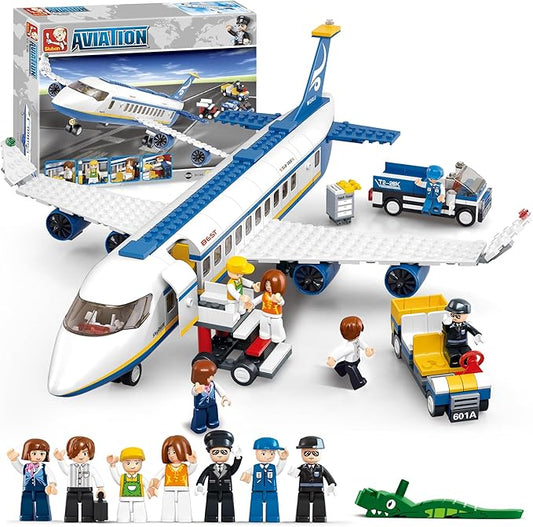City Passenger Airplane Building Set, 4 in 1 STEM Toy with a Large Plane, Passenger Bus, Luggage Truck, Container Loader, and 7 Minifigures, Compatible with Lego Plane, Airport Gift for Boy 6+