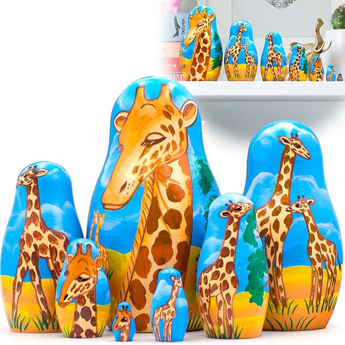 Giraffe Nesting Dolls Set of 7 pcs - Matryoshka Doll with Decorative Giraffe Figurines - Giraffe Stuff - Giraffe Gifts - Wood Giraffe Decor - Giraffe Wood Craft