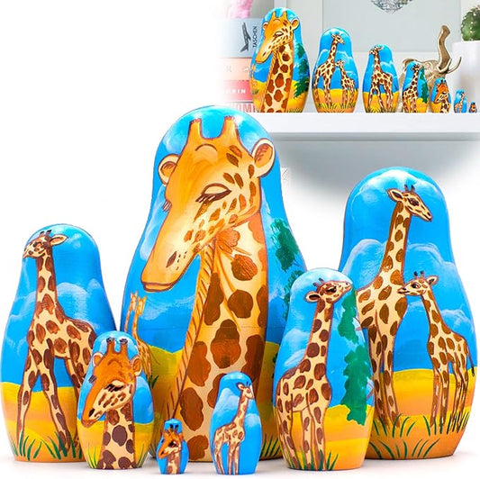 Giraffe Nesting Dolls Set of 7 pcs - Matryoshka Doll with Decorative Giraffe Figurines - Giraffe Stuff - Giraffe Gifts - Wood Giraffe Decor - Giraffe Wood Craft