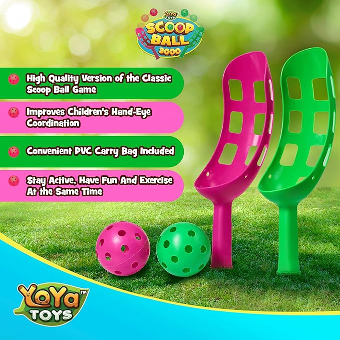 YoYa Toys Scoop Ball Set - Toss & Catch Game for Kids - Outdoor Fun, Beach Toys - Ideal for Field Day, Summer Activities, PE Equipment, Backyards, Parks, Camping - Includes 2 Scoops, 2 Balls, PVC Case