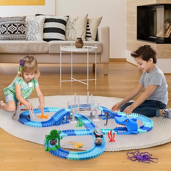Shark Toys, Train Set 264 Pcs Shark Race Car for Boys Girls 3 4 5 6 7 Year, Bendable Flexible Racetrack Cars with Ball, Ocean Theme Track Toys, STEM Educational Playset, Birthday Gift for Boys Girls