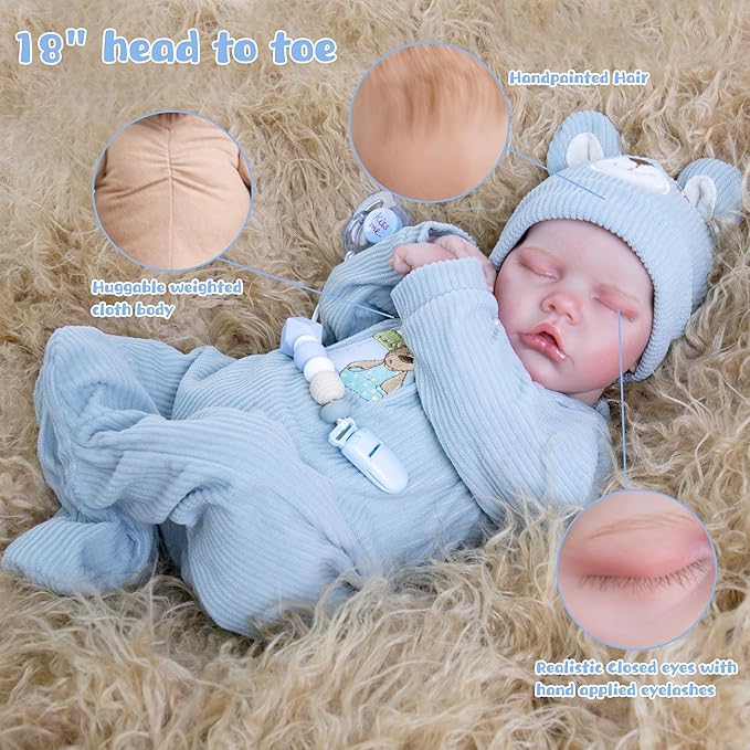 Lifelike Reborn Baby Dolls - 18-Inch Sweet Smile Real Life Realistic-Newborn Sleeping Baby Boy with Toy Accessories Gift Set for Kids Age 3+