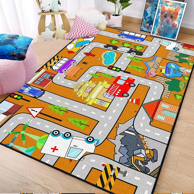 Car Rug Play Mat - Kids Play Carpet for Playroom, Traffic City Life Road Mat for Toys and Car Track Rug Educational Game Carpet Toddler 5x7 Feet