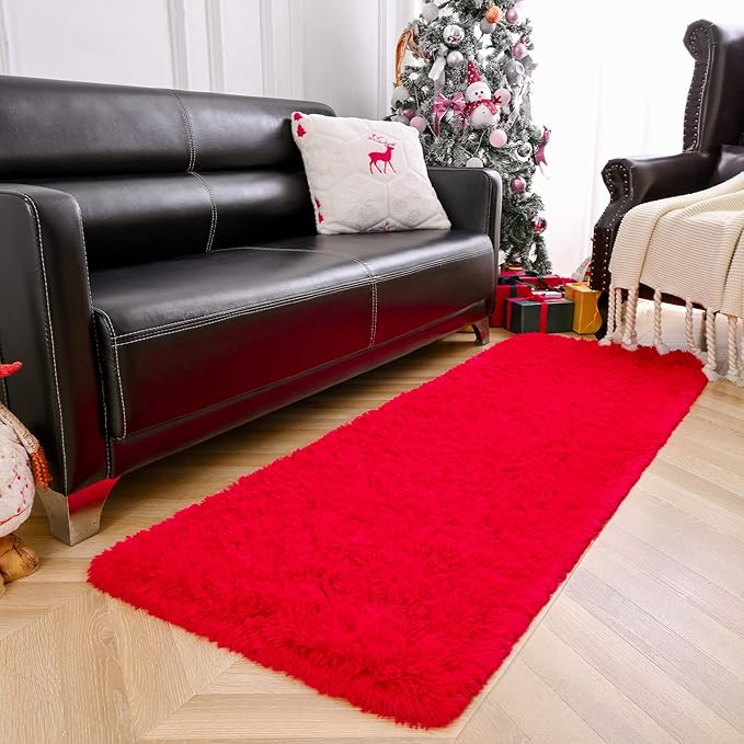 Amearea Shag Fluffy Runner Rug for Bedroom Girls Living Room, 2x6 Feet Extra Soft and Fuzzy Shaggy Rugs, Non Slip, Indoor Floor Long Carpet Mat for Boys Nursery Home Decor, Red