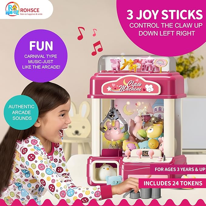 Interactive Claw Toy Arcade Machine with Prizes, Kids Vending Machine with Lights, Music, Plush Toys & Capsules, Mini Claw Machine USB Rechargeable, Birthday Gift for Girls Ages 4-12