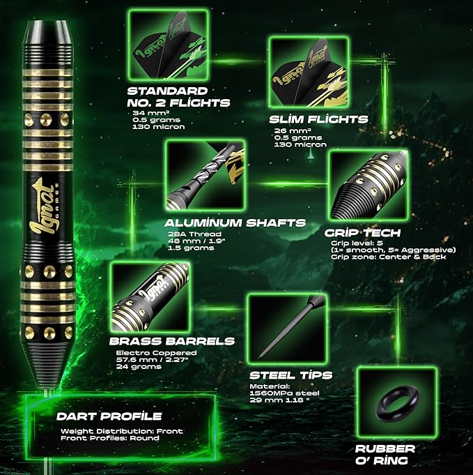 IgnatGames Steel Tip Darts Set - 3/6/12 Pack Brass Darts Metal Tip Set with Exquisite Case - Aluminum Shafts, 2 Sets of Flights, Dart Tool & Sharpener