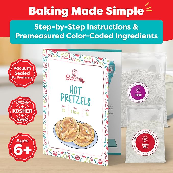 Pretzel Making Kit - Real Cooking Set for Kids Ages 5-12+ with Recipe and Ingredients - Kids Baking Set for Girls & Boys - Great Gift for Family Bonding