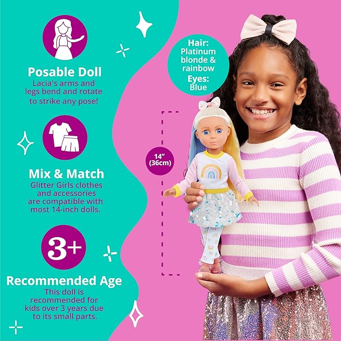 Laica Glitter Girls – 14-inch Play Doll – Blue Eyes & Tricolor Hair, Rainbow Top, Print Leggings – Sequin Skirt, Hair Bow – 3 Years +