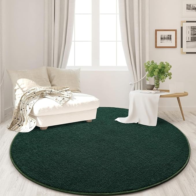 FlyDOIT Round Area Rugs for Bedroom Living Room, 5x5 Dark Green Super Soft Comfy Thickened Memory-Foam Indoor Circle Carpet, Modern Aesthetic Minimalist Carpet for Boys Girls Adults Nursery Home Décor