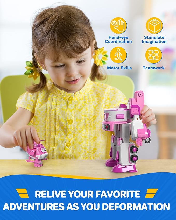 Super Wings - 7' Dizzy's Rescue Tow with 2' Pink Transform-a-Bot Mini Figure,Transforming Airplane Toy Vehicle Set,Toy for 3 4 5 Year Old Boys and Girls,US720314