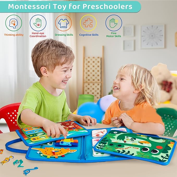 Busy Board Montessori Toys for 3 4 Year Old Boys & Girls Birthday Gifts, Educational Activity Sensory Board Preschool Learning Toys for Toddlers, Travel Toys for Airplane Car (Dinosaur)