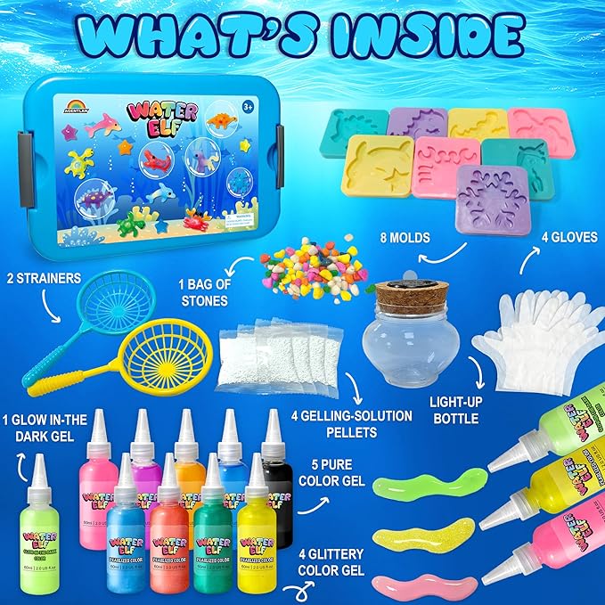 AGENTLAN Magic Water Elf Toy Kit，Aqua Fairy Squishy Making kit with 10 Water gels&8 molds,Magic Jelly elf,Glow in The Dark Water Pets Craft Kits,Sensory Toy Gift Ages 3 4 5 6 7 8 9