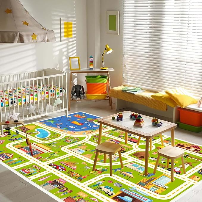 Kids Carpet Playmat Car Play Rug City Life Traffic Road Kids Rug for for Carpet for Bedroom Boys(Lgreen Rug,2.6x3.9ft)