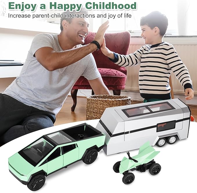 3-in-1 Cybertruck Pickup Sets with RV and Motorcycle，Cyber Truck Pickup Toy with Sounds and Lights, 1/32 Diecast Truck for Kids 3 Year Old and Up, Christmas Birthday Gifts for Boys Girls (Green)