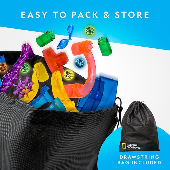 NATIONAL GEOGRAPHIC Glowing Marble Run – 250 Piece Construction Set with 50 Glow in The Dark Glass Marbles & Storage Bag, STEM Gifts for Boys and Girls, Building Project Toy (Amazon Exclusive)