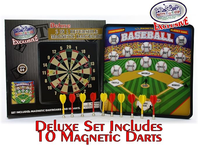 Deluxe 2-in-1 Reversible Magnetic Dartboard (Dart Board) with 10 Darts, Featuring Standard Darts & Baseball Games - Matty's Toy Stop Exclusive
