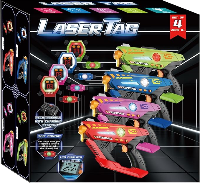 Laser Tag Guns Set of 4 - Rechargeable Infrared Technology Laser Tag for Kids, 360° Sensors+LCDs+Adjustable Life Value, Fun Family Game Toy Guns Teen Gifts for Ages 8+