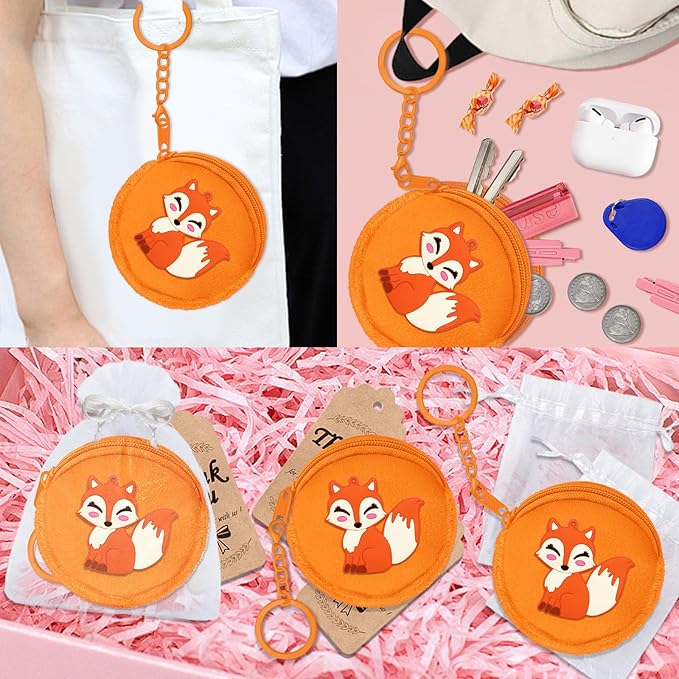36 Pack Fox Change Purses Set Include 12 Fox Wallets with Keyring, 12 Thank You Tags and 12 Organza Bags for Woodland Animals Forest Wild One Camp Party Supplies,Orange