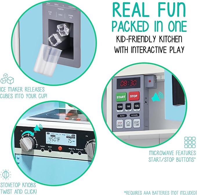 Lil’ Jumbl Kids Blue Kitchen Set, Pretend Wooden Play Kitchen, Battery Operated Icemaker, Microwave, Range Hood, Stove Top, Oven, with Realistic Sound & Lights, Pots, Pan, & Utensils Included