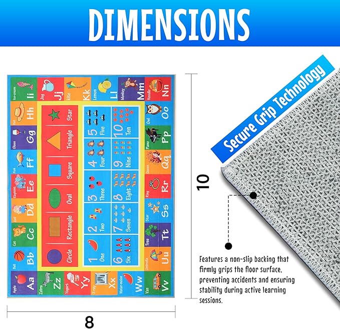 Hudson Comfort Classroom Rug 8x10 - Rugs for Elementary, Daycare, Nursery, and Playroom - Super Soft Non-Slip Carpet - Kids Fun Floor Mat for Playtime (Alphabet)
