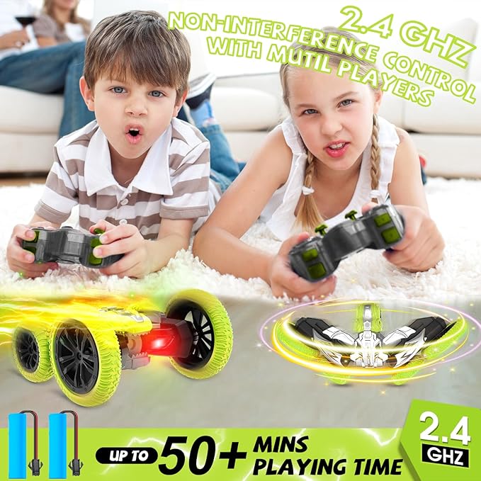 Remote Control Car, 360° Rotating RC Stunt Car with Lights and Spray, 2.4Ghz 4WD Double-Sided Driving RC Car Toys for Kids, Outdoor Dinosaur Truck Gift for Boys and Girls Age 4-7,8-12 (Green)