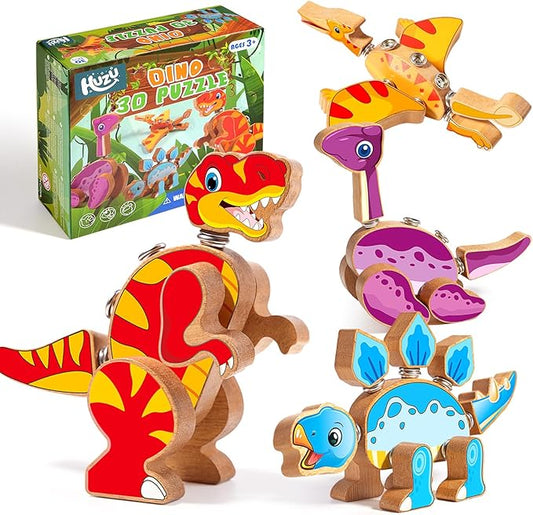 HUZU Dinosaur Building Blocks, Wooden Dino Snap Blocks, Snap Dinosaur Toys for Kids 3-5, 5-8, Fine Motor Skills STEM Kits Educational Learning Building Toys Gifts for Preschool Children