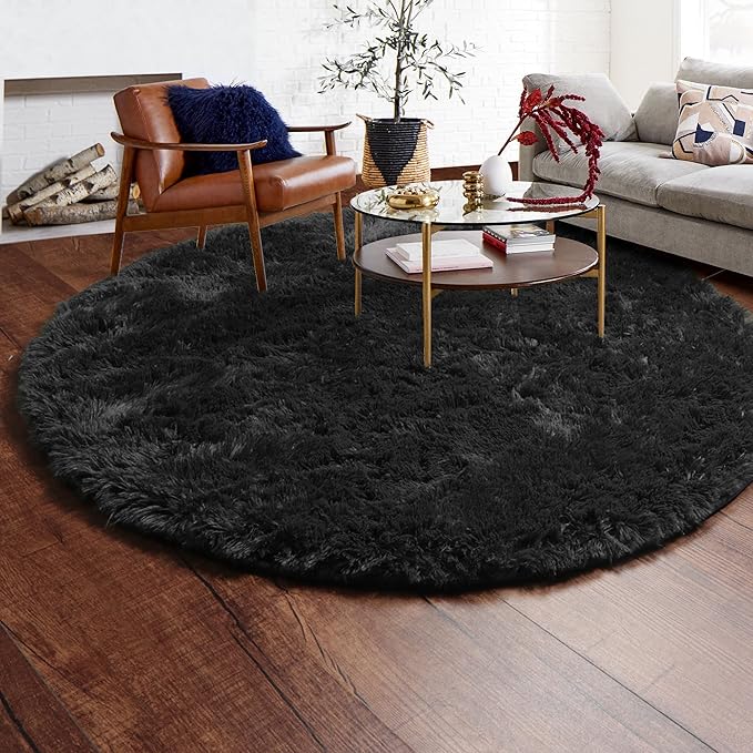 ONASAR Black Round Area Rugs 6ft, Ultra Soft Bedroom Circle Rug for Kids Girls Boys Teen Room, Fluffy Plush Shaggy Carpet Floor Mats for Baby Nursery Living Room Playroom Dorm Home Decor