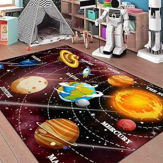 Galaxy Area Rugs Universe Solar System Planet Theme Small Carpets Space Rugs for Kids Bedroom Educational Learning Rug for Living Room Bedroom Indoor Crystal Polyester Floor Sofa Mats, 2'5''×4'