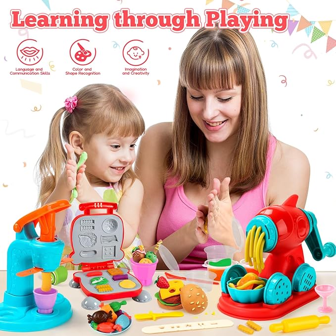 3 in 1 Dough Sets for Kids Ages 4-8, Dough Tools Kit with Ice Cream Noodle Hamburger Maker Machine, Kitchen Creations Art Crafts Food Play Toys for Boys Girls Kids Toddlers Ages 3+