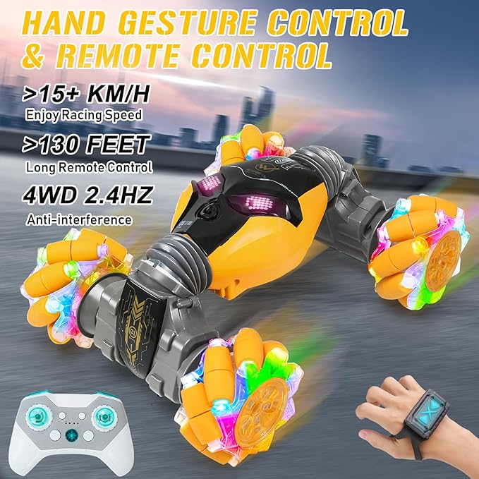 RC Cars Gesture Remote Control Car with Light Music 1:12 Hand Controlled Rc Car 2.4GHz 4WD Rc Stunt Car Gesture Sensing Double Sided 360° Rotation Off-Road Vehicle for Boys Girls(Yellow,Pro)