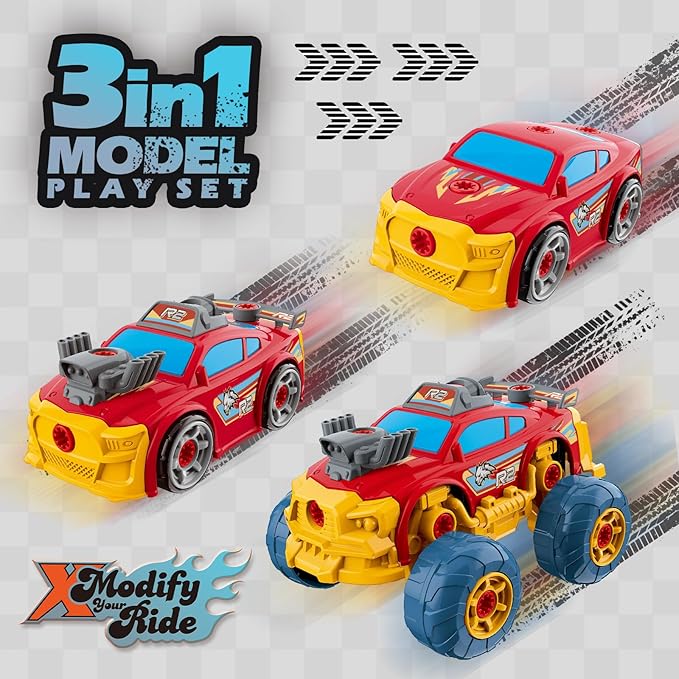 Pup Go 3-in-1 Take Apart Car for Boys with Electric Drill, 46Pcs Construction Toy Truck, Build Your Own Toy Car with Play Tools, Ideal STEM Gift for Kids Children Ages 3 4 5 6 7 8 9 Year Old Red