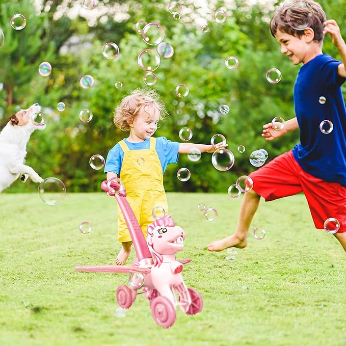Pink Bubble Machine Blower Maker Lawn Mower Walking Toy Christmas Basket Stuffers Outdoor Summer Girls Kids Toddler 1st Birthday Best Gift for 1 2 3 Year Old Unique Cute Valentines Day Unicorn Gifts