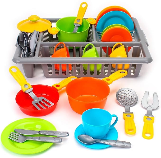 Play Dishes for Kids Kitchen | Pretend Play Kitchen Dishes Set with Drainer | Toy Dishes Kit | Pretend Dishes Cookware Set | Fun and Colorful | Childrens Durable Tableware Playset (33 Pcs)