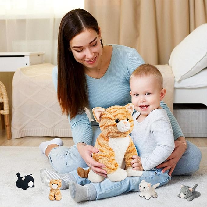 5 Pcs Cat Stuffed Animal with Babies Inside Belly, 1 Mommy Stuffed Cat Plush Toy with 4 Kittens Stuffed Kitty Cats Plushies Toys for Kids Girls Boys Birthday Christmas Easter Stuffers Gifts