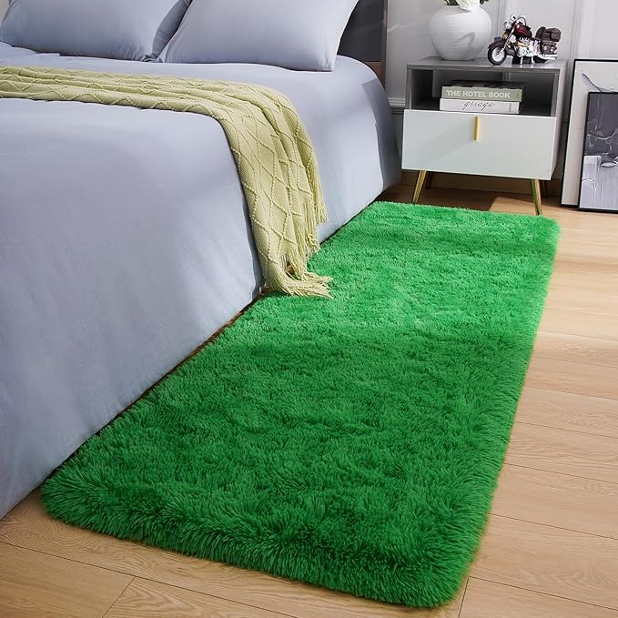 Amearea Shag Fluffy Runner Rug for Bedroom Girls Living Room, 2x6 Feet Extra Soft and Fuzzy Shaggy Rugs, Non Slip, Indoor Floor Long Carpet Mat for Boys Nursery Home Decor, Green