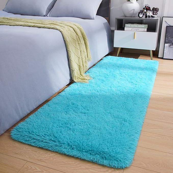 Amearea Shag Fluffy Runner Rug for Bedroom Girls Living Room, 2x6 Feet Extra Soft and Fuzzy Shaggy Rugs, Non Slip, Indoor Floor Long Carpet Mat for Boys Nursery Home Decor, Blue